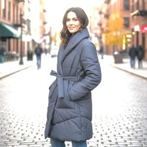 Bernardo Love Gray Coat Womens Small Quilted Collared Belt Long Puffer 42" Chest